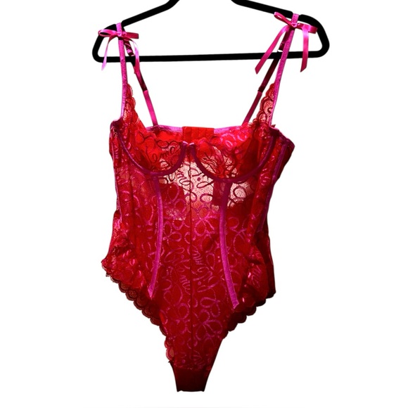 Savage X Fenty Ribbon Writing Lace Teddy Bodysuit Red and Pink Lace - Picture 5 of 13